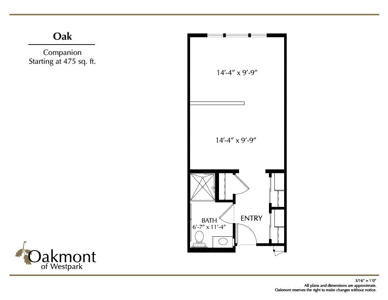 A floor plan of a studio apartment unit labeled 'Oak' with dimensions and room designations.