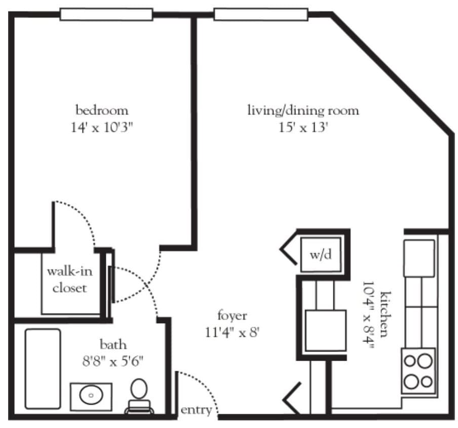 A floor plan of a one-bedroom apartment including living/dining area, kitchen, bathroom with walk-in closet.