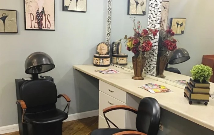 A cozy hair salon setup with a styling chair, mirror, and decorative elements.