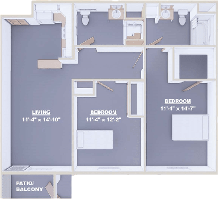 Two-bedroom apartment floor plan with labeled dimensions.