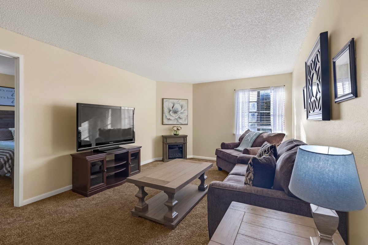 A cozy living room with a large television, comfortable sofas, and a central coffee table.