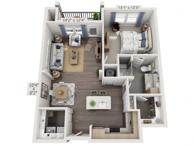 A modern one-bedroom apartment floor plan showcasing an open living area, kitchen, and bathroom.