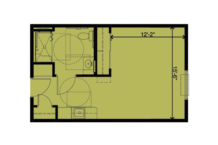 A floor plan showing the layout of a small room with bathroom facilities.