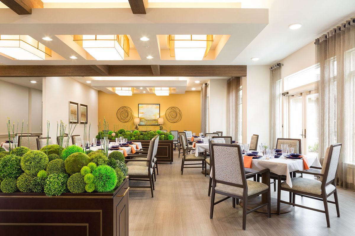 A modern restaurant dining area with elegant decor and indoor plants.