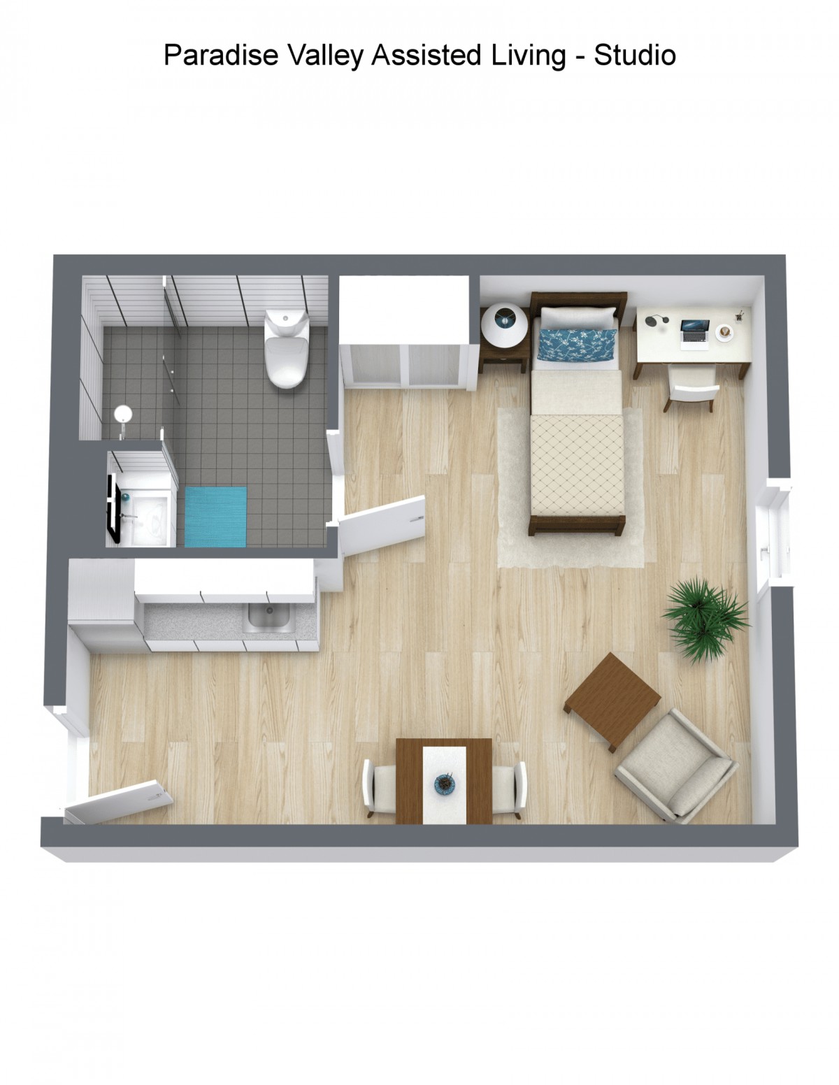 A minimalist one-bedroom apartment floor plan with a compact kitchen, living area, and bathroom.