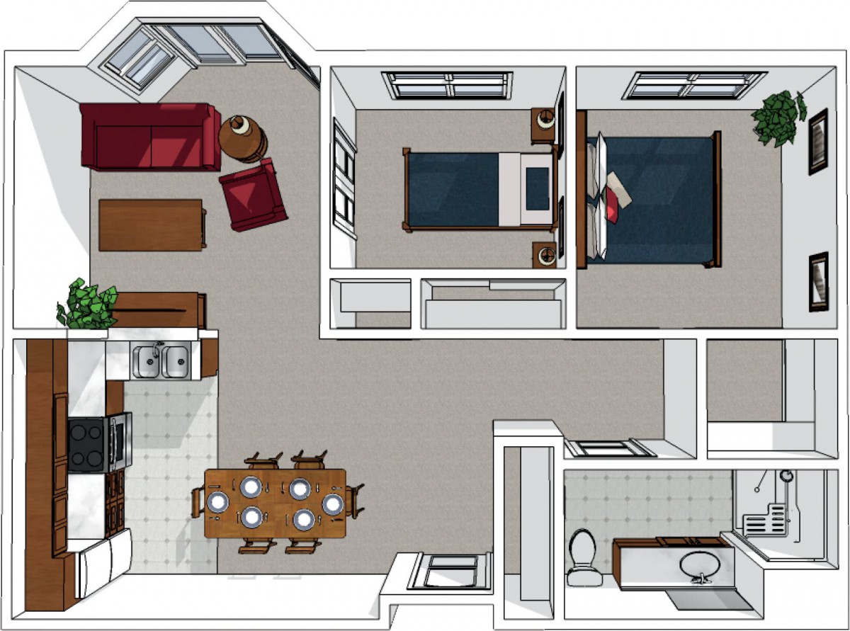 A 2D floor plan depicting an apartment with a living room, kitchen, two bedrooms, and a bathroom.