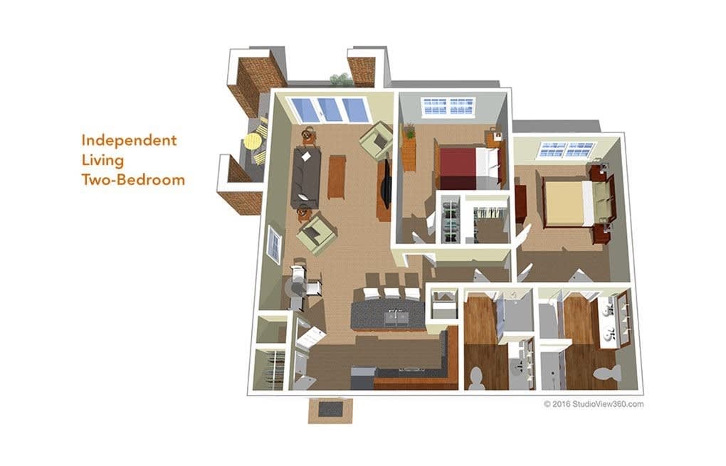3D floor plan of a two-bedroom apartment with labeled rooms.