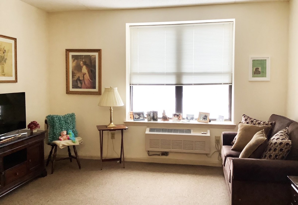 A cozy living room with a sofa, window, and various decorations.