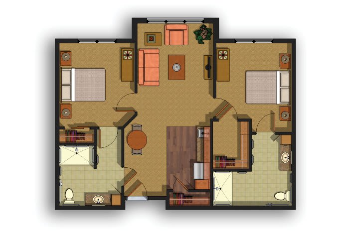 A detailed floor plan of a two-bedroom apartment with common areas.
