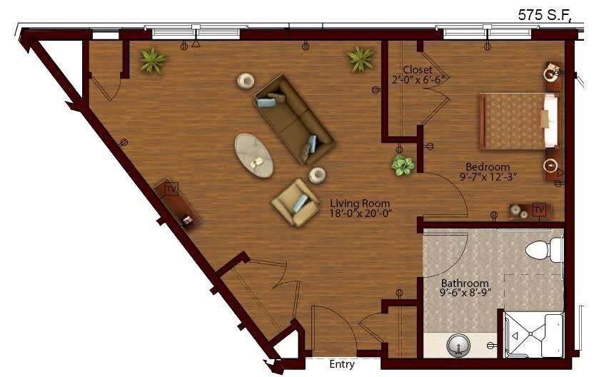 Apartment floor plan illustrating the arrangement of living spaces, including a living room, kitchen, and bedroom.