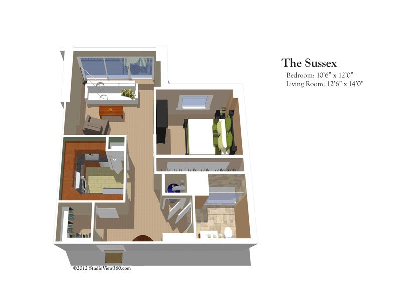 3D floor plan of a residential apartment unit named 'The Sussex.'