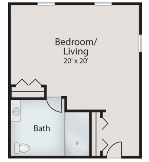 A studio apartment floor plan featuring a combined bedroom and living area with a bathroom.
