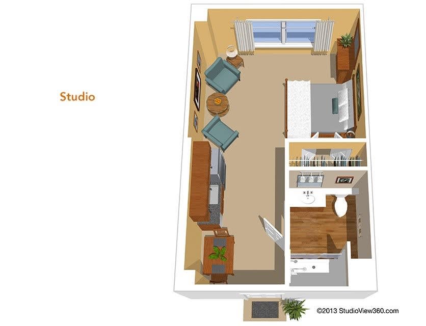 3D floor plan of a studio apartment showcasing the layout and interior design.
