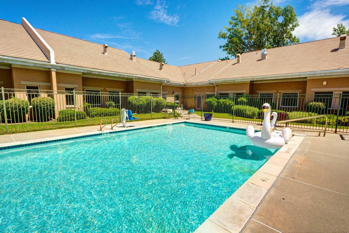 A sunny day at an outdoor hotel pool with an inflatable swan.