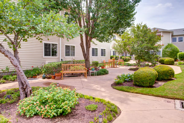A peaceful garden area with benches and a well-maintained pathway surrounded by lush greenery.