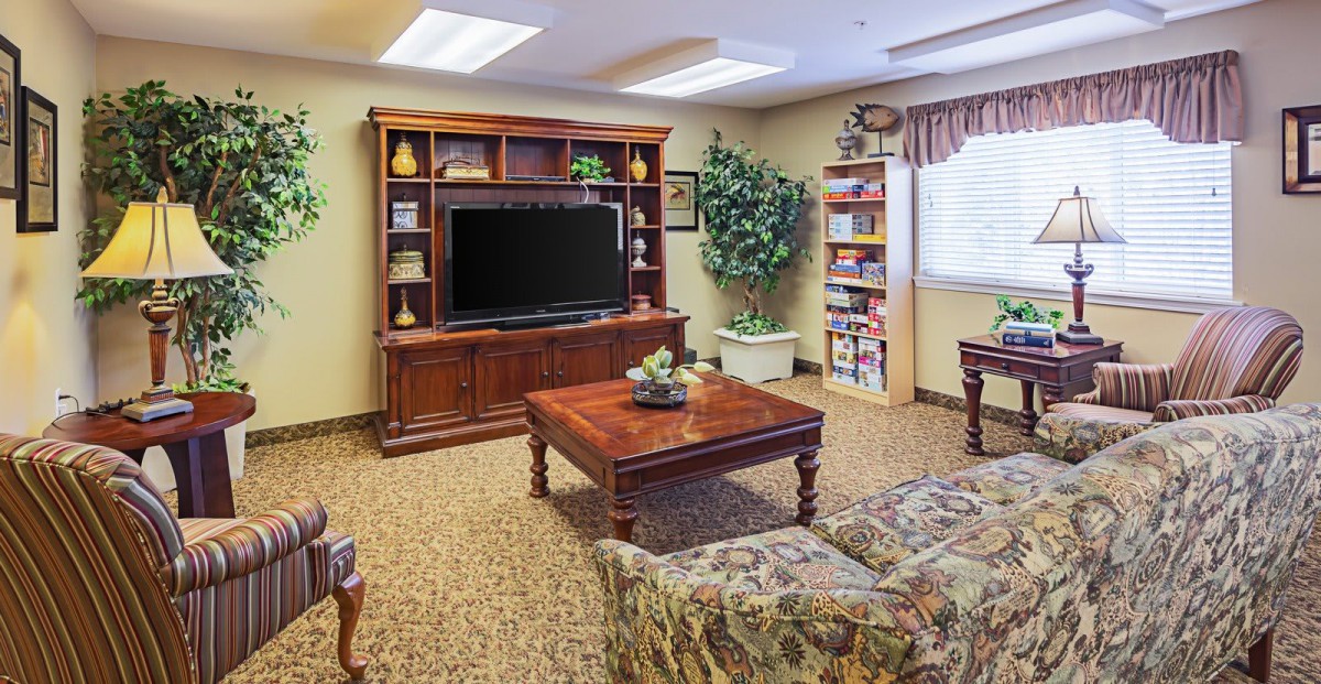 A cozy living room with a television, bookshelves, and comfortable seating.