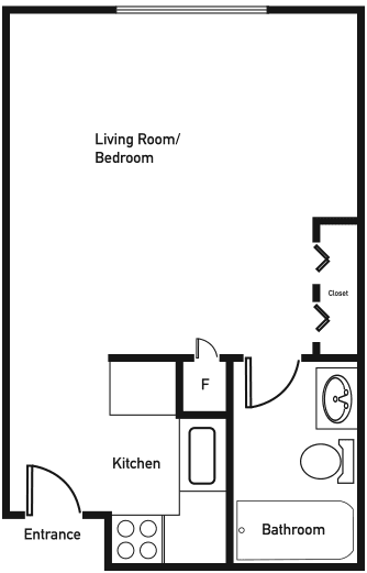 Studio apartment floor plan with designated areas for kitchen, bathroom, and living/bedroom.