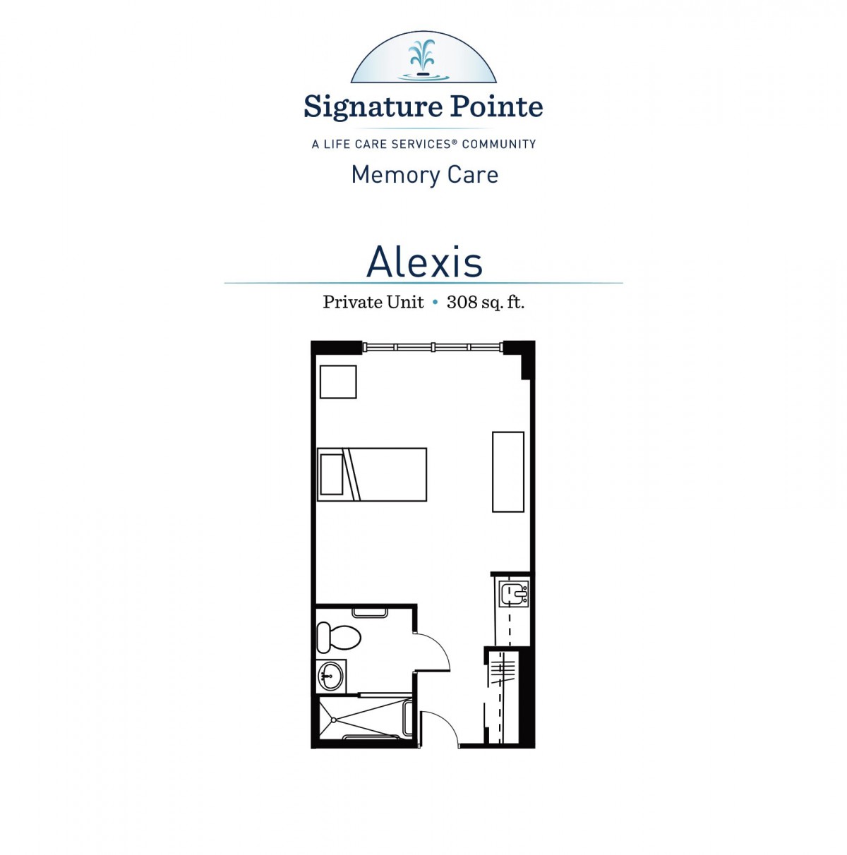 Floor plan of the Alexis studio apartment from Signature Pointe Nursing Care.