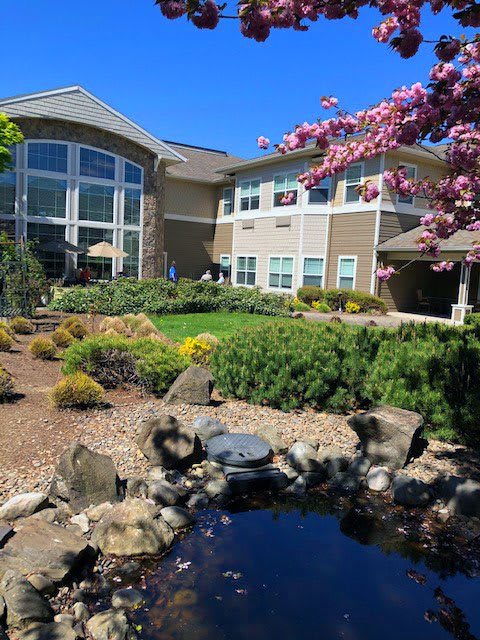 A scenic view of a modern building surrounded by lush gardens and a tranquil pond.