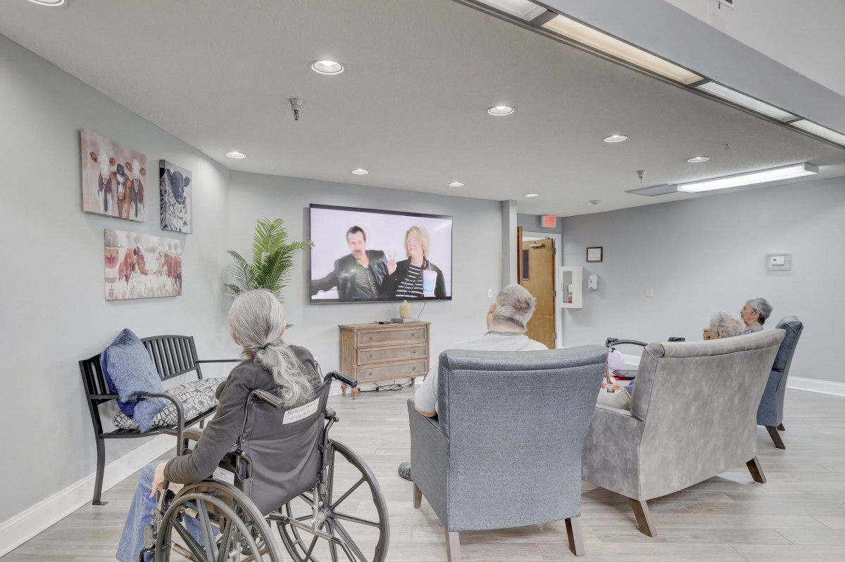 Elderly individuals sitting in a comfortable living area watching television.