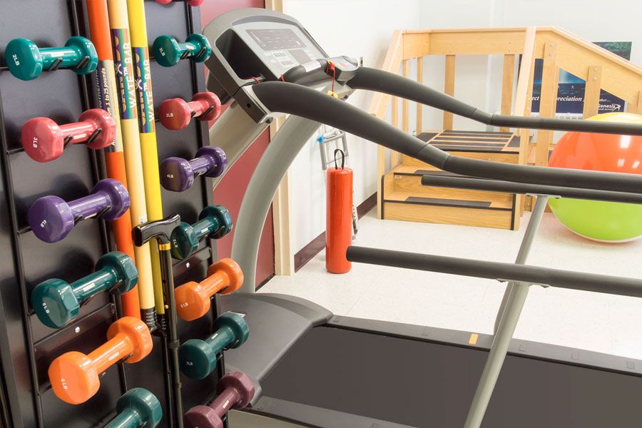 A gym setup with treadmills and a variety of dumbbells.