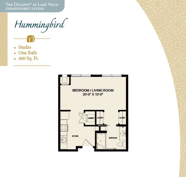 Studio apartment floor plan named 'Hummingbird', featuring one bath and an open living area.