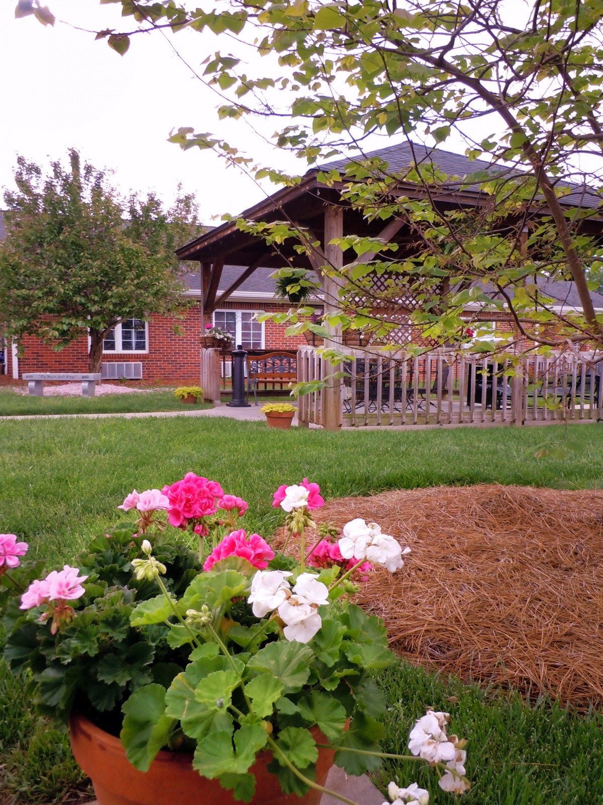 A scenic view of a house with a beautiful garden, showcasing vibrant flowers in the foreground.