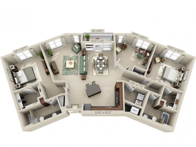 A 3D-rendered floor plan of a spacious apartment showcasing multiple rooms with furniture and decor.