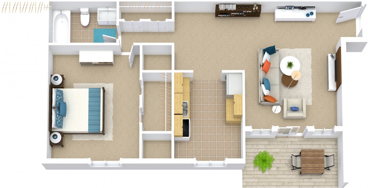 A detailed floor plan of an apartment showcasing the layout and furniture arrangement.