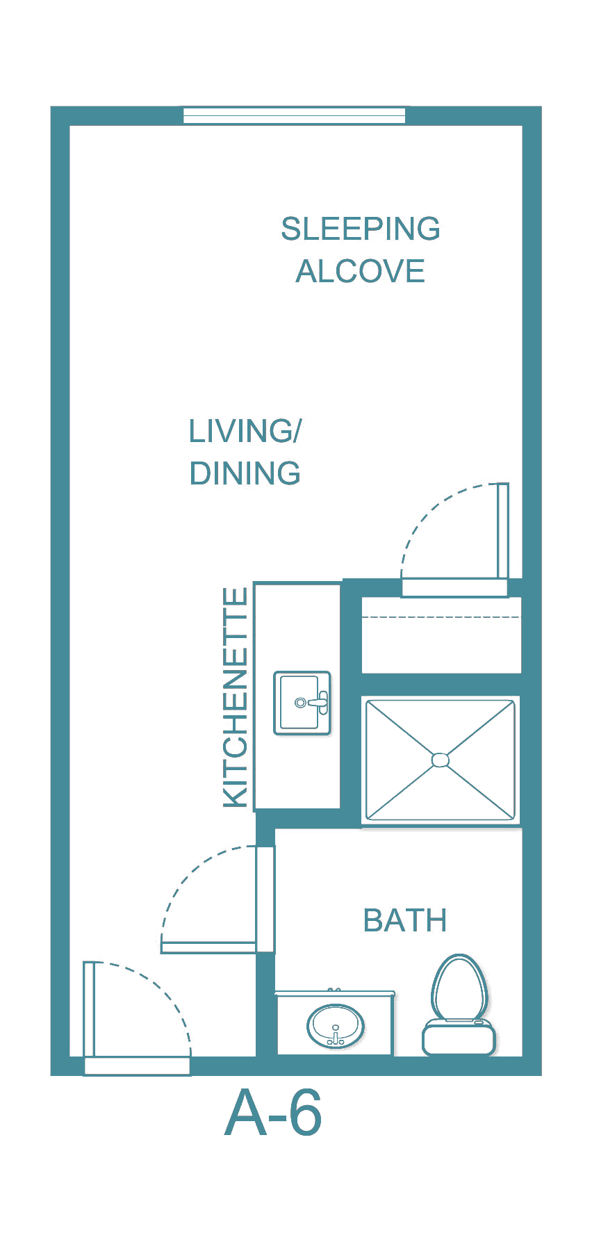 Studio apartment floor plan with living/dining area, kitchenette, and bathroom.