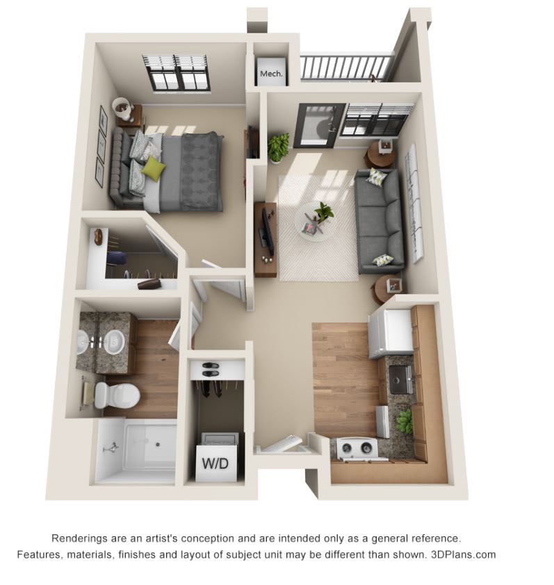 3D floor plan of a one-bedroom apartment with a living room, kitchen, bathroom, and balcony.