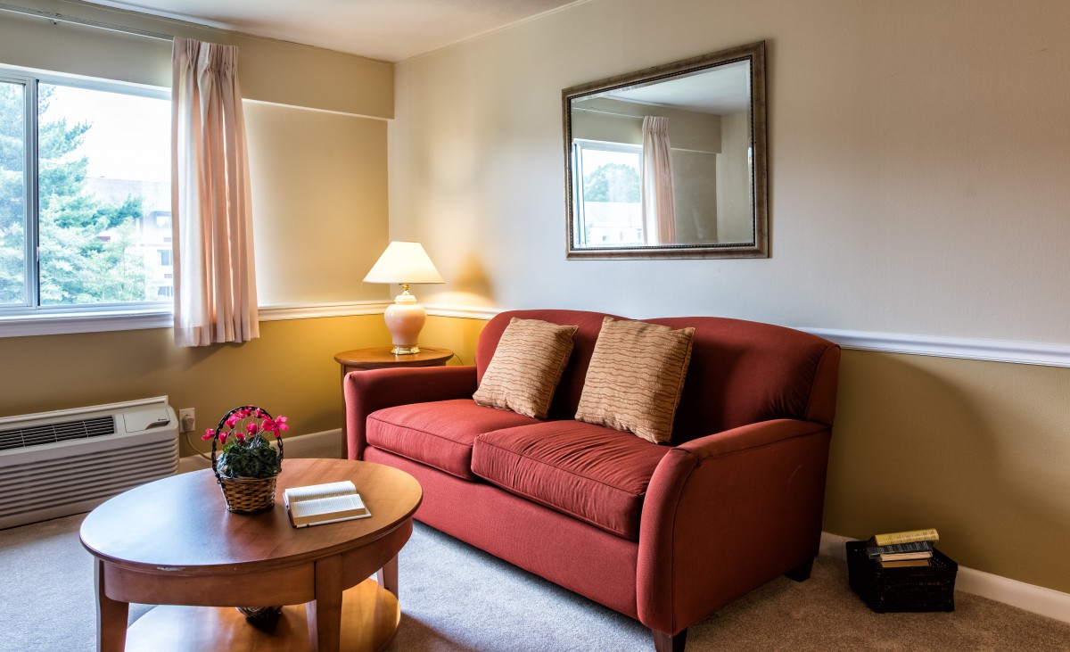 Cozy living room with a sofa, cushions, and a warm lamp.