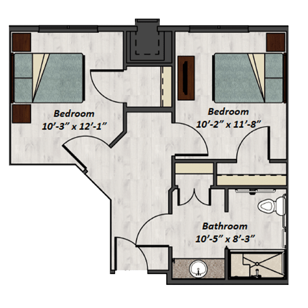 A floor plan featuring two bedrooms and a bathroom.