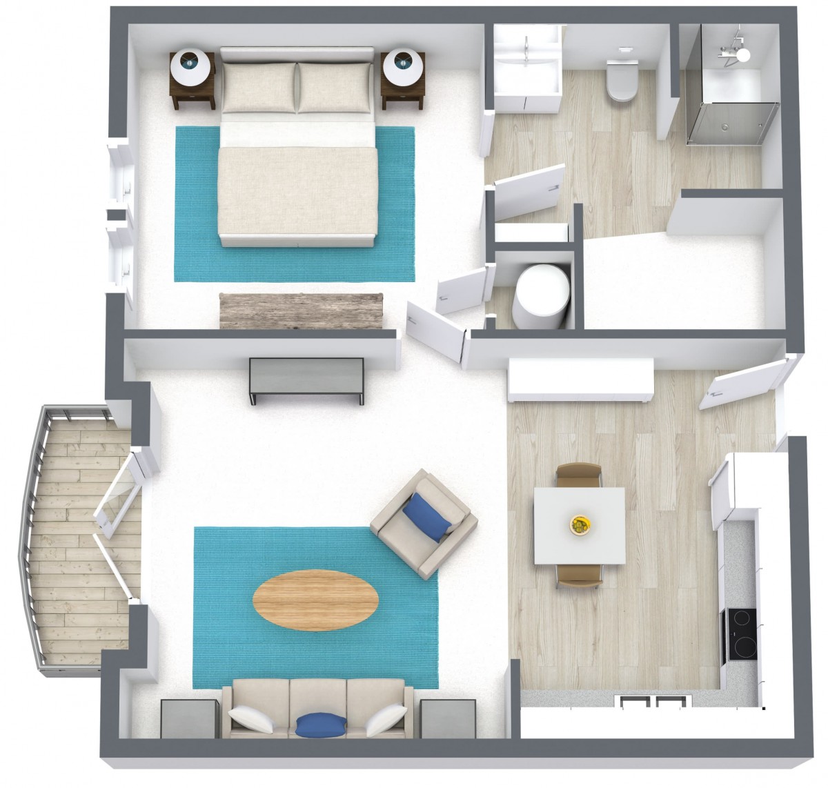 A detailed floor plan of a one-bedroom apartment featuring a living room, kitchen, and bathroom.