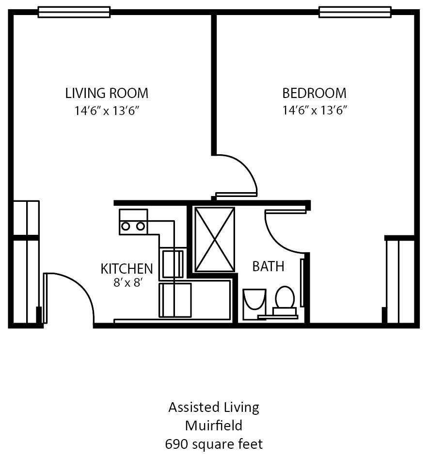 A floor plan of a one-bedroom assisted living apartment with a kitchen, bathroom, and living room.