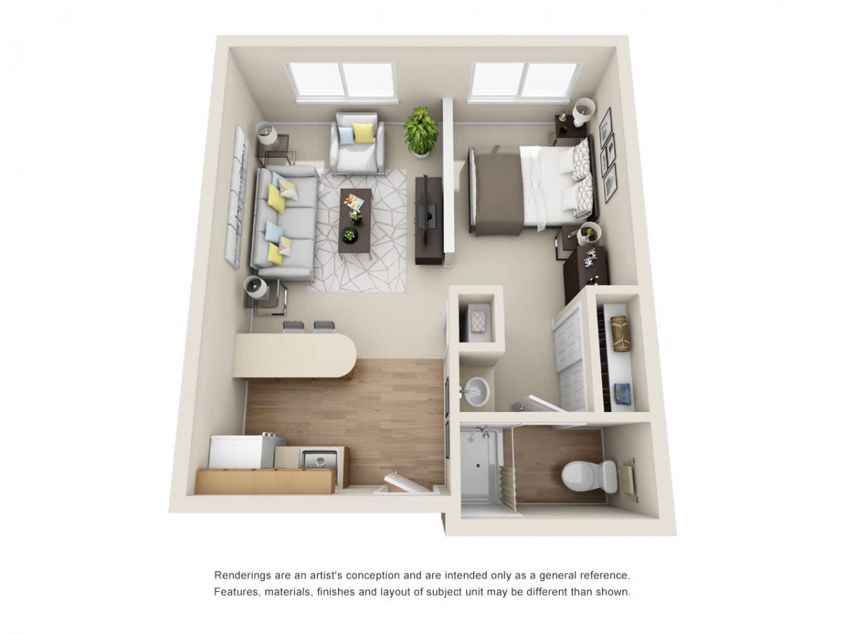 3D floor plan of a compact apartment with a bedroom, bathroom, and kitchenette.