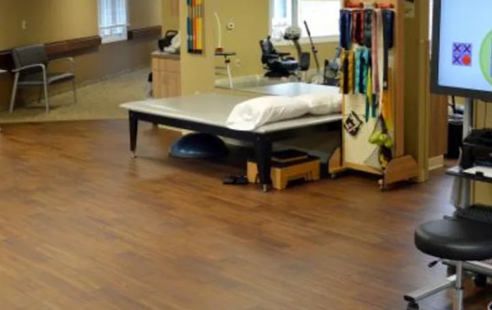A physical therapy room equipped with rehabilitation equipment and a treatment table.