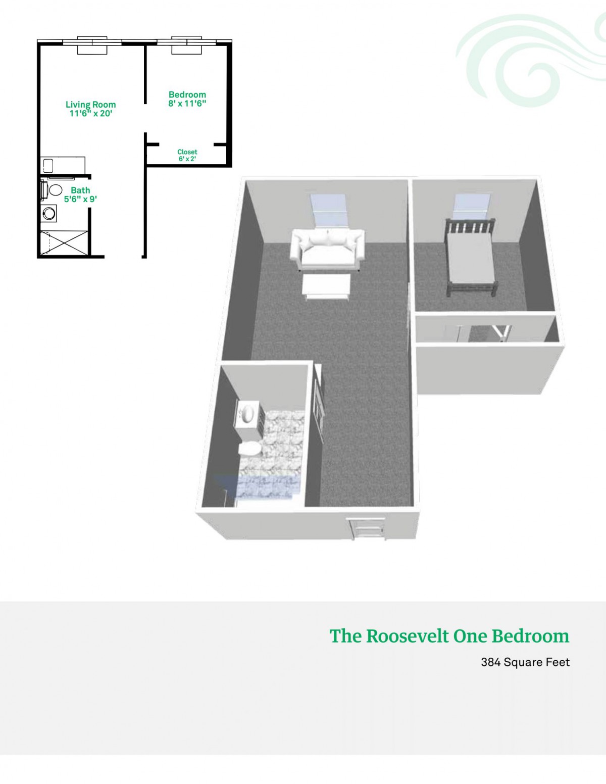 3D floor plan of a one-bedroom apartment with modern design.