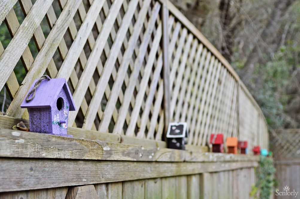 A row of colorful birdhouses perched on a wooden fence with a lattice design.