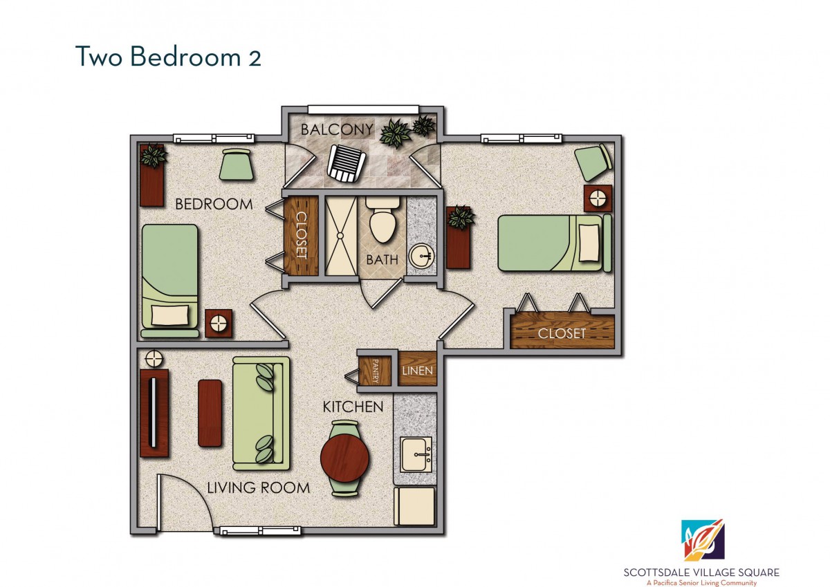 A detailed floor plan of a two-bedroom apartment, featuring a living room, kitchen, bathroom, and balcony.