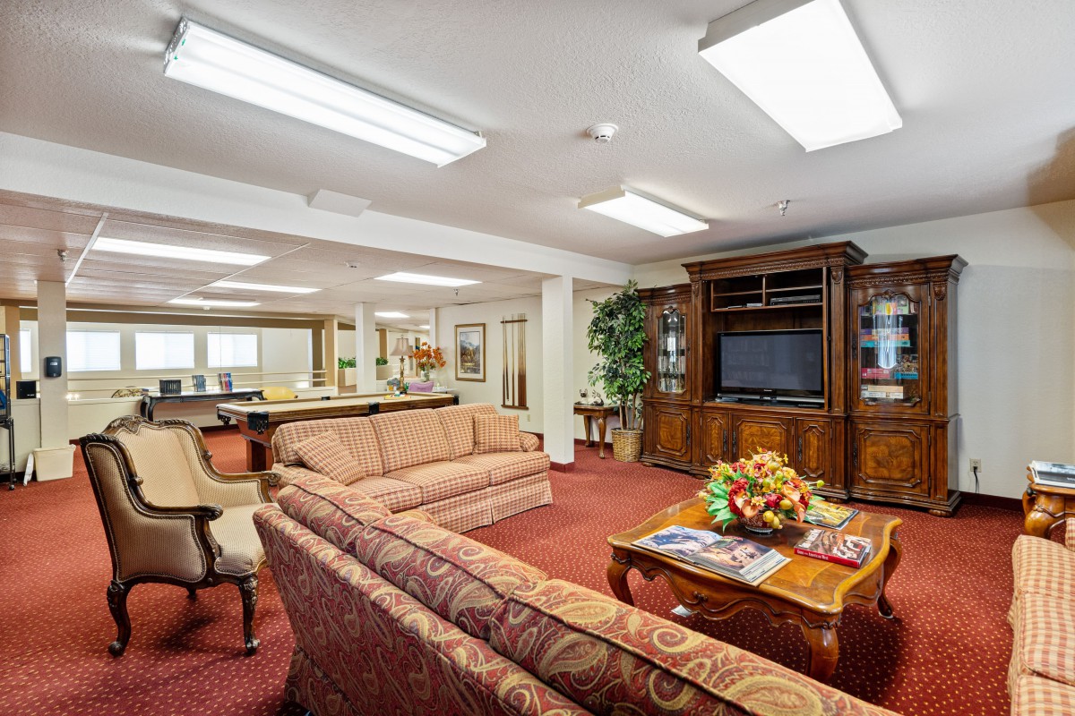 A cozy living room with comfortable sofas, a large television, and elegant decor.
