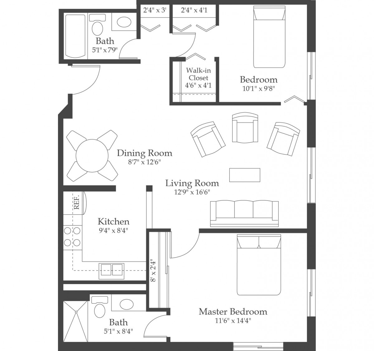 A detailed floor plan of a two-bedroom apartment layout with separate living and dining areas.