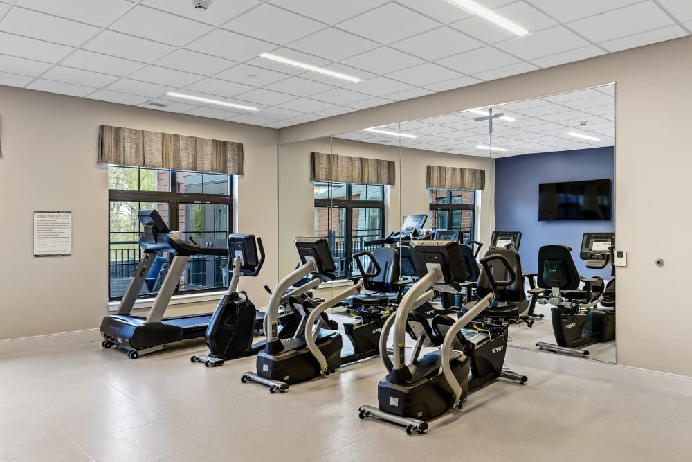 A modern gym with various cardio exercise machines, including treadmills and stationary bikes.