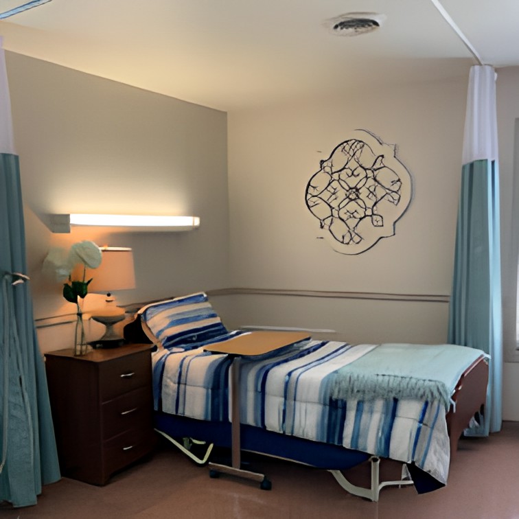 A well-organized hospital room with a bed, bedside table, and curtains.