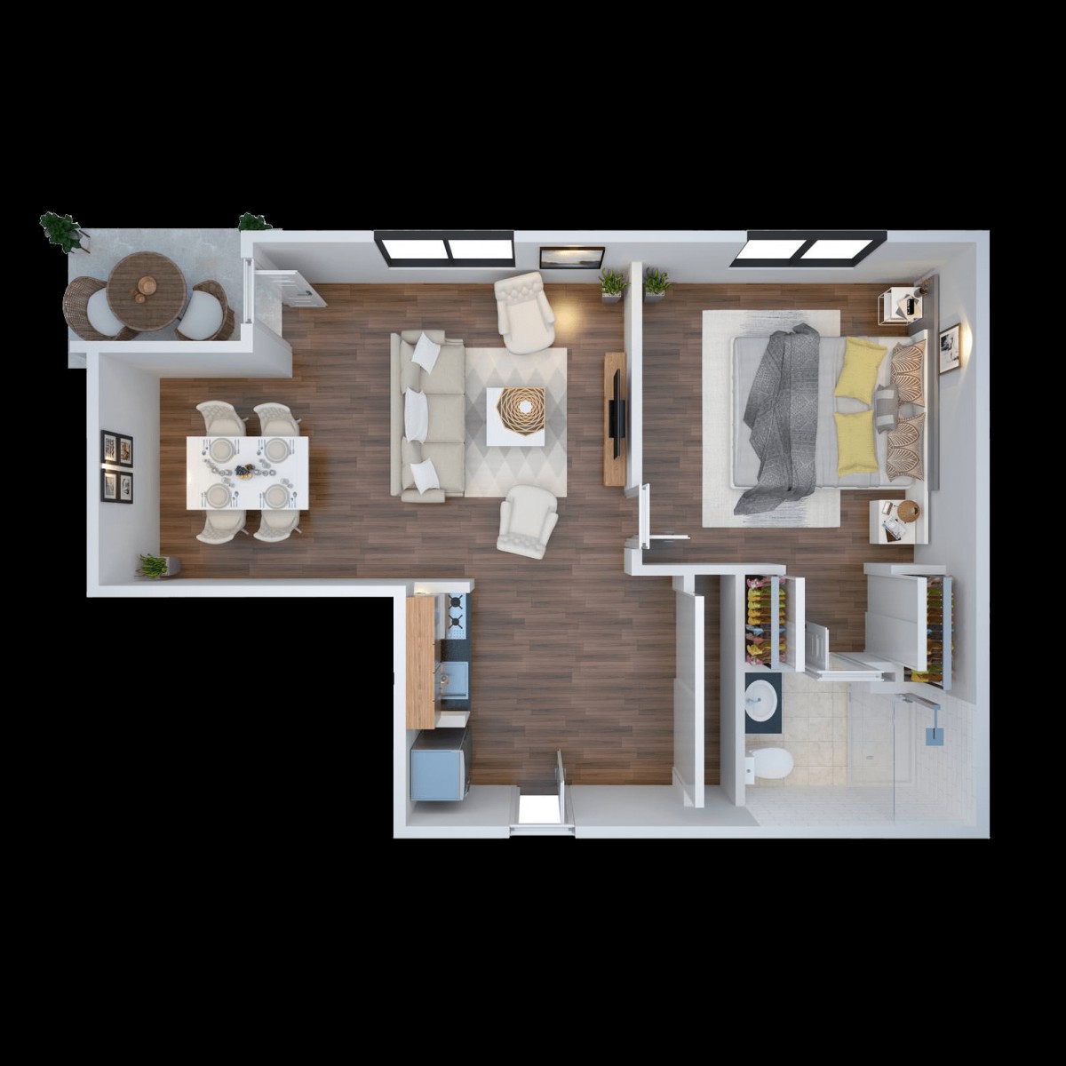 A modern one-bedroom apartment floor plan featuring a living room, kitchen, dining area, and bathroom.