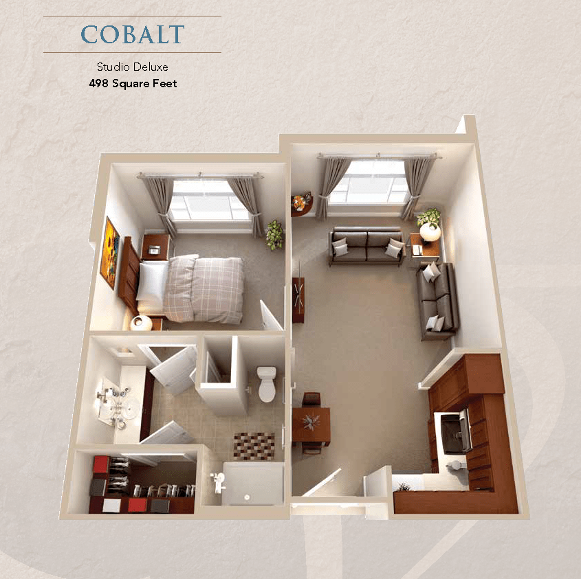 3D floor plan of a one-bedroom apartment with labeled rooms and furniture layout.