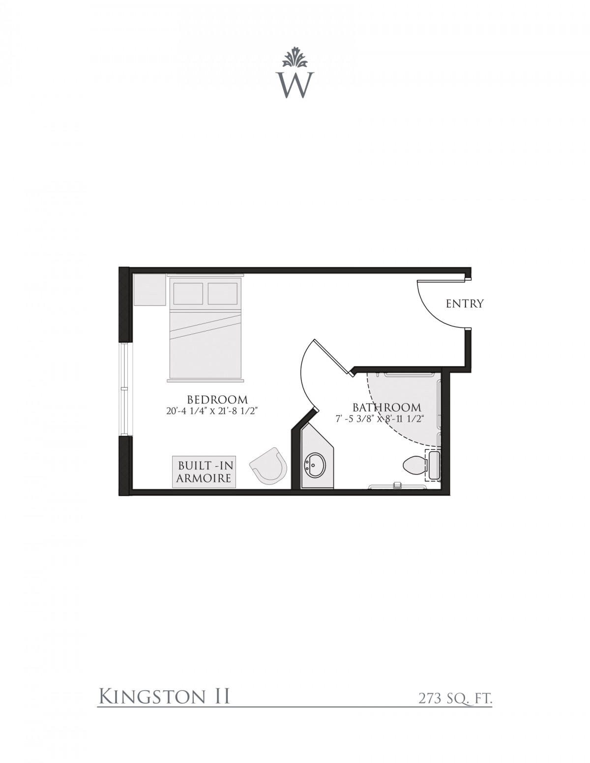 A simple floor plan showing the layout of a small room with a bed and bathroom.