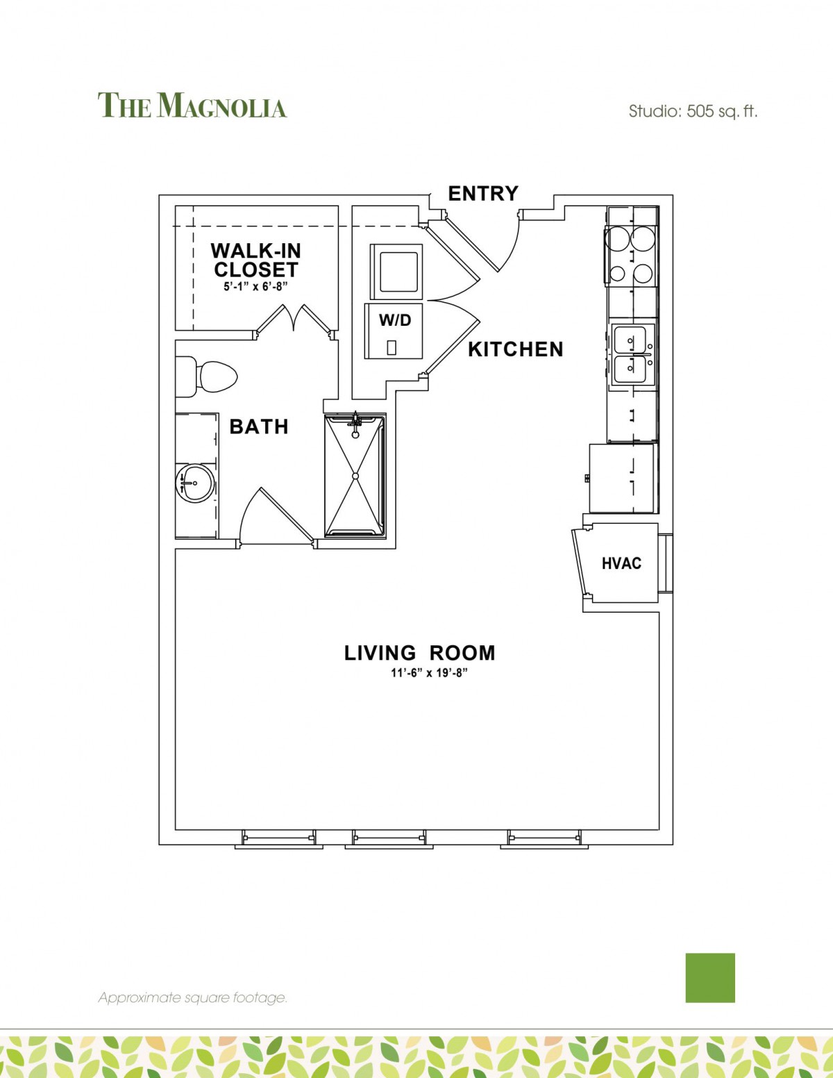 A floor plan layout of a one-bedroom apartment featuring a living room, kitchen, bathroom, and walk-in closet.