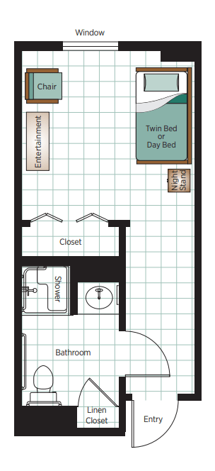 A small room floor plan featuring a shower, toilet, closet, entryway, and a pull-out bed or day bed.