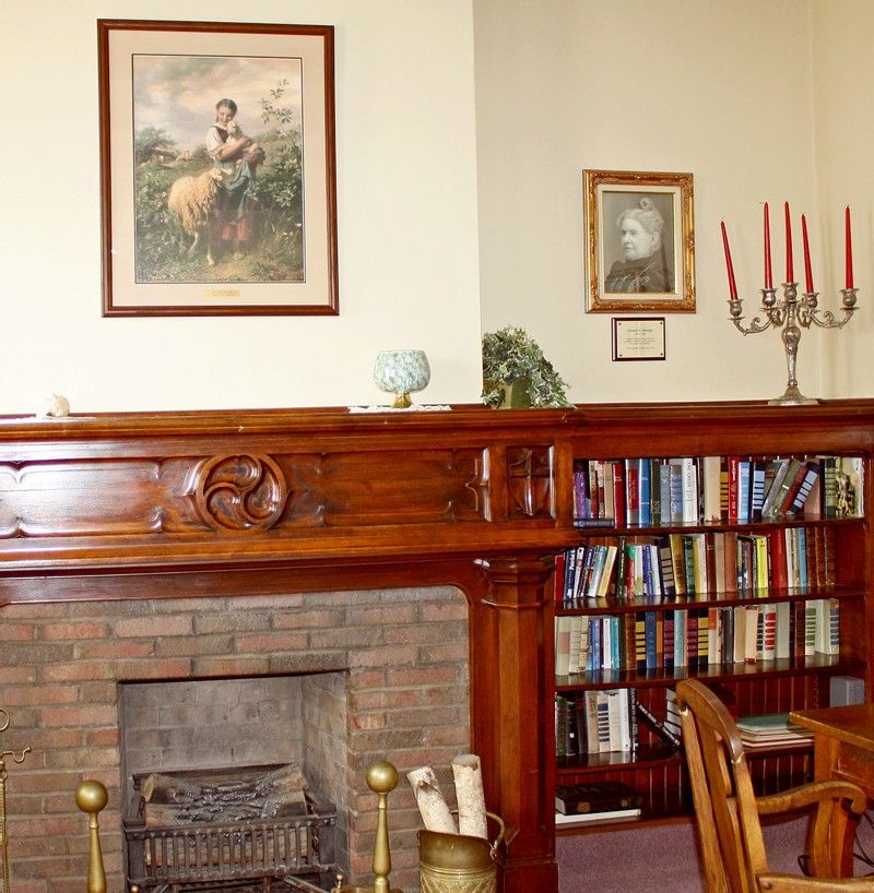 A cozy living room with a wooden fireplace, bookshelf, and decorative paintings on the wall.